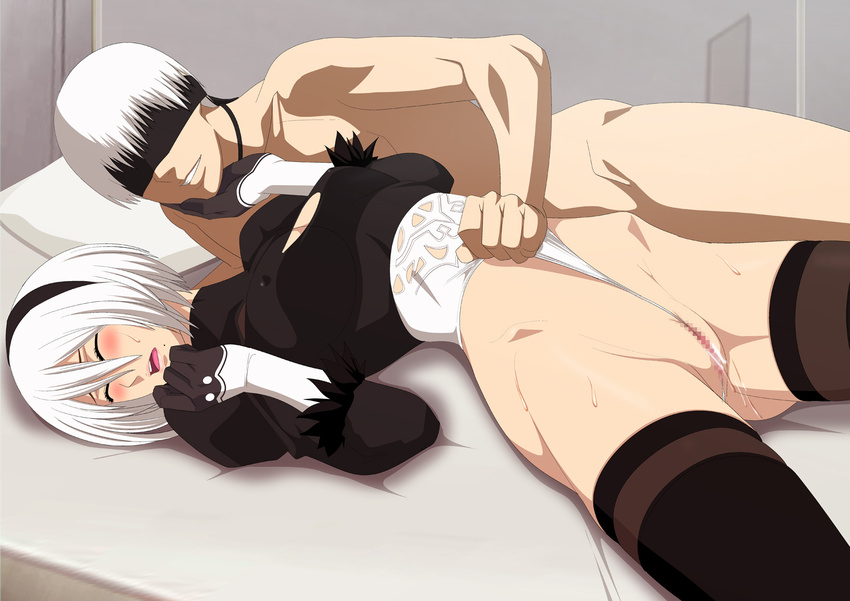 1girl bed breasts female fingering game_cg hetero leotard lime_(purple_haze) lying nier_(series) nier_automata nude on_bed partially_visible_vulva pussy pussy_juice shiny_skin short_hair silver_hair smile sweat yorha_no._2_type_b yorha_no._9_type_s