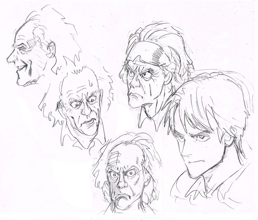 back_to_the_future bangs closed_eyes closed_mouth commentary emmett_brown expressions frown highres looking_at_viewer male_focus marty_mcfly multiple_boys murata_yuusuke old_man parted_lips profile scan smile traditional_media