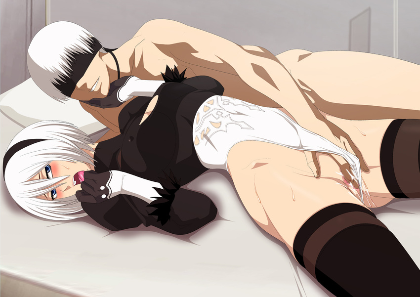 1girl bed blue_eyes breasts female fingering game_cg hetero leotard lime_(purple_haze) lying moaning nier_(series) nier_automata nude on_bed partially_visible_vulva pussy pussy_juice shiny_skin short_hair silver_hair smile sweat yorha_no._2_type_b yorha_no._9_type_s