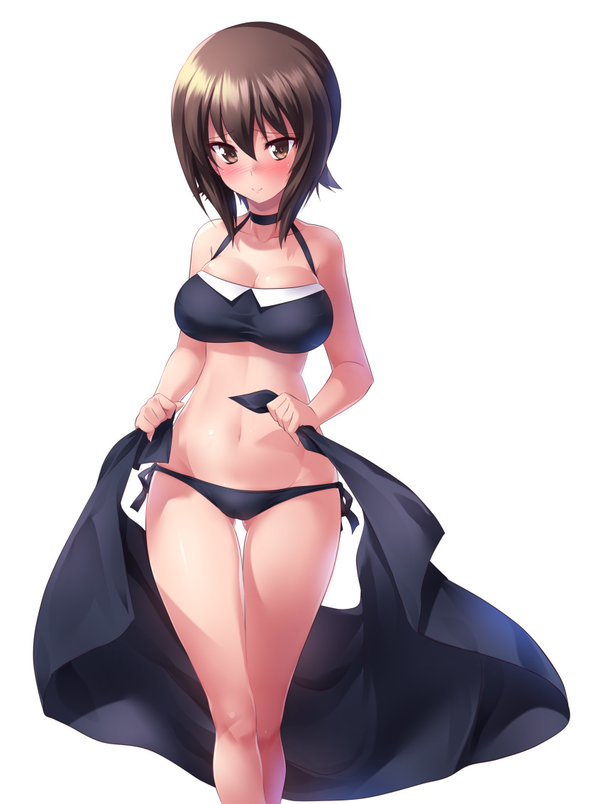 1girl bangs bikini black_bikini black_choker black_sarong blush breasts choker cleavage closed_mouth collarbone commentary_request eyebrows_visible_through_hair girls_und_panzer gluteal_fold highres holding kuzuryuu_kennosuke large_breasts legs lips looking_at_viewer nishizumi_maho sarong sarong_removed short_hair side-tie_bikini simple_background skindentation smile solo standing swimsuit thigh_gap white_background