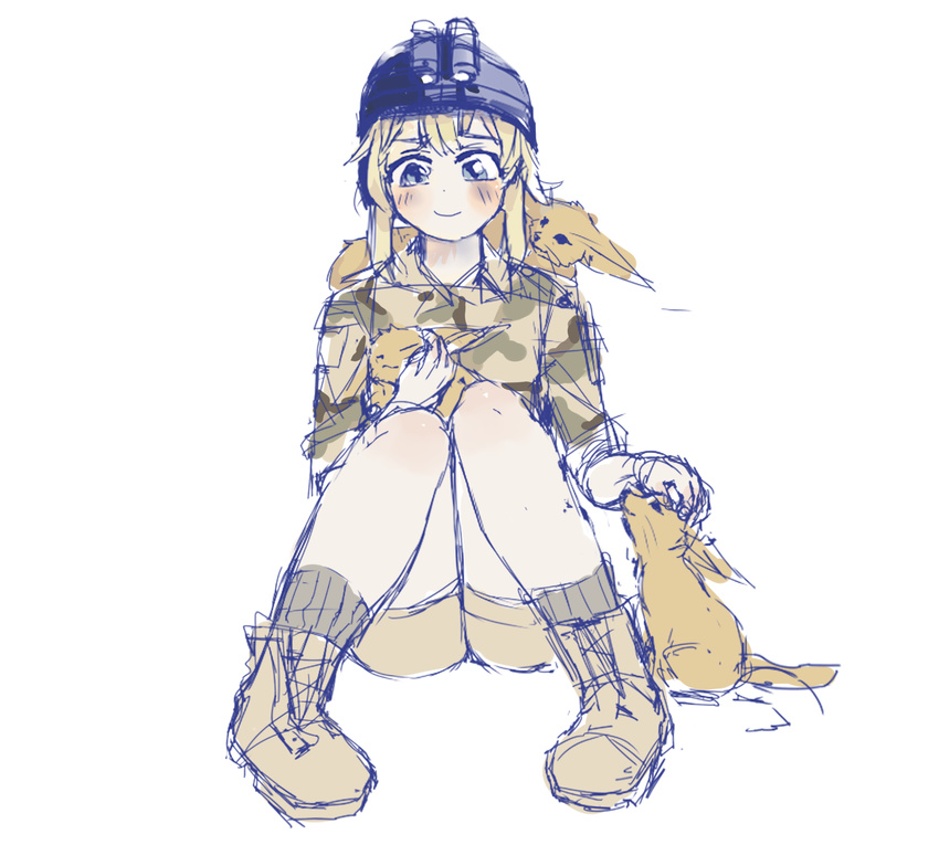animal animal_on_lap animal_on_shoulder artist_request blonde_hair blue_eyes boots camouflage colorized fennec_fox full_body helmet highres holding holding_animal knees_together_feet_apart night_vision_device operator-chan original petting shirt shorts socks source_request