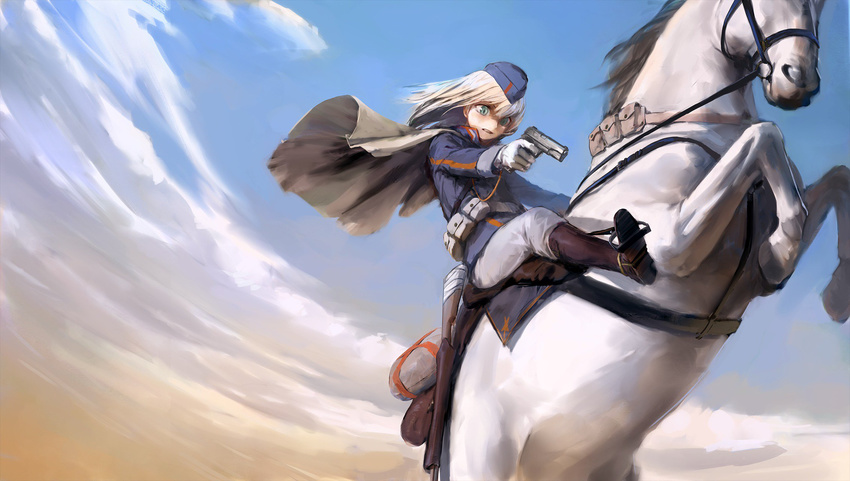 belt belt_pouch blonde_hair blue_eyes blue_hat blue_sky boots brown_footwear cape clenched_teeth cloud cloudy_sky copyright_request day gloves gun handgun hat highres holding holding_gun holding_weapon horse horseback_riding jacket long_hair long_sleeves military military_uniform outdoors pants parted_lips pistol pouch rearing reins riding sitting sky solo stirrups teeth treeware uniform weapon white_gloves