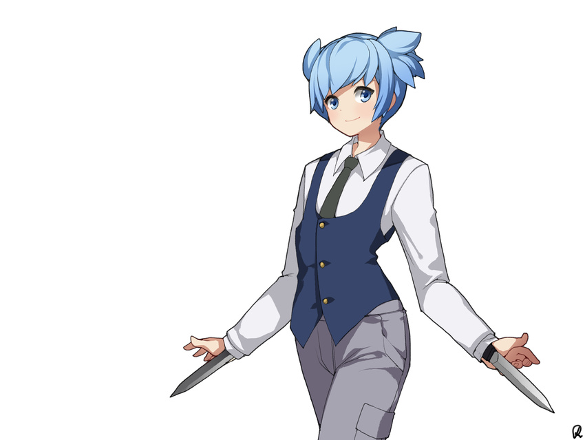 ansatsu_kyoushitsu blue_eyes blue_hair blue_vest closed_mouth collared_shirt commentary_request grey_pants hidden_blade looking_at_viewer male_focus necktie pants rheez shiota_nagisa shirt short_twintails signature simple_background smile solo standing twintails vest weapon white_background white_shirt