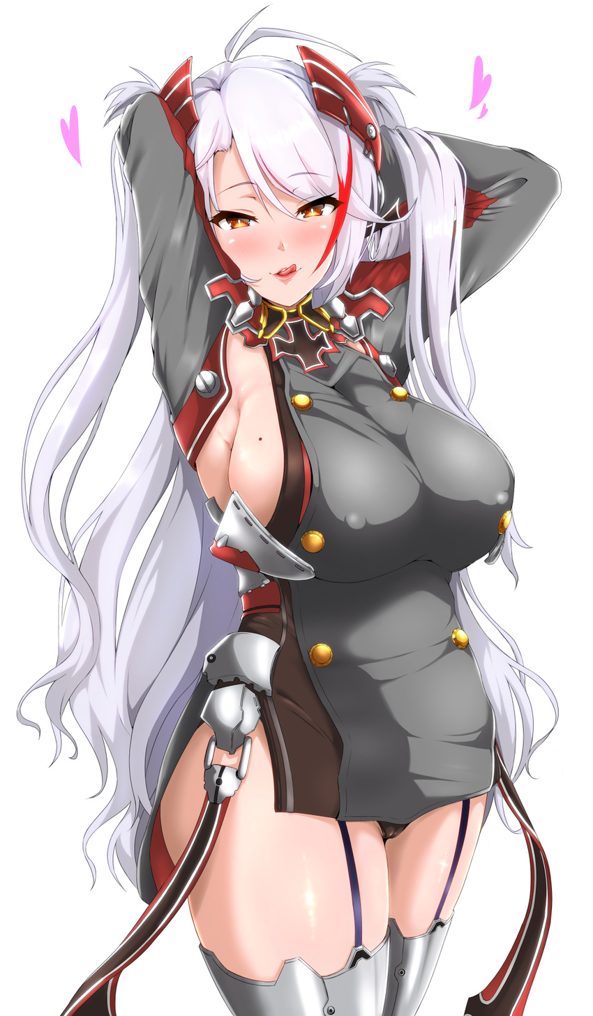 armpits arms_behind_head arms_up azur_lane bare_hips black_panties blush breasts cameltoe commentary_request covered_collarbone covered_nipples double-breasted dress garter_straps gloves gold_trim grey_dress heart highres impossible_clothes impossible_dress iron_cross large_breasts legs_together licking_lips long_hair long_sleeves looking_at_viewer microdress mole mole_on_breast multicolored_hair no_bra panties prinz_eugen_(azur_lane) red_eyes sideboob silver_hair simple_background slit_pupils smile solo standing streaked_hair taut_clothes taut_dress thighhighs tongue tongue_out two_side_up underwear very_long_hair white_background zerogura