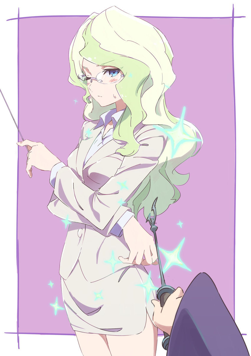 alternate_costume bespectacled blonde_hair blue_eyes blush business_suit closed_mouth collared_shirt commentary_request cowboy_shot crossed_arms diana_cavendish eyebrows_visible_through_hair formal glasses highres holding jacket kagari_atsuko little_witch_academia long_hair long_sleeves looking_at_viewer multicolored_hair multiple_girls office_lady one_eye_closed out_of_frame pencil_skirt pointer pov pov_hands purple_background shirt skirt skirt_suit sparkle standing suit sweatdrop tama_(tama-s) thighs two-tone_hair wand wing_collar
