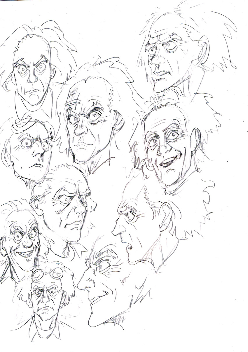 :d back_to_the_future bandaid bandaid_on_forehead closed_mouth commentary emmett_brown expressions goggles goggles_on_head grin highres looking_at_viewer male_focus murata_yuusuke old_man open_mouth profile scan sketch smile
