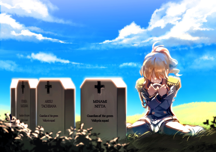 black_legwear blonde_hair blue_jacket blue_sky blurry blurry_foreground boots character_name clenched_teeth cloud cloudy_sky commentary covered_eyes cross crying day depth_of_field english epaulettes field grass hair_over_eyes highres idolmaster idolmaster_cinderella_girls jacket long_hair long_sleeves military_jacket object_hug outdoors pantyhose pleated_skirt ponytail rheez seizon_honnou_valkyria sitting skirt sky sobbing solo takamori_aiko tears teeth tombstone wariza white_footwear white_skirt