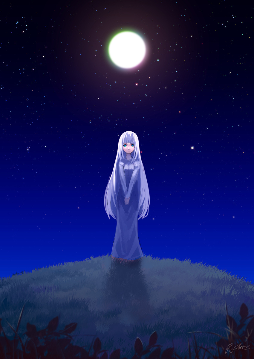 bangs blue_dress blue_eyes blue_hair blue_sky blunt_bangs blurry blurry_foreground closed_mouth commentary_request depth_of_field dress full_moon grass highres hill long_hair long_sleeves looking_at_viewer moon night night_sky rheez sky smile solo star_(sky) starry_sky v_arms