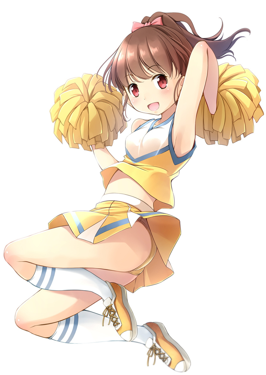 :d arm_up ass bow breasts cheerleader full_body hair_bow highres kneehighs looking_at_viewer midair midriff open_mouth original panties pink_bow pom_poms ponytail red_eyes shibacha skirt small_breasts smile solo underwear upskirt white_legwear yellow_footwear yellow_panties yellow_skirt