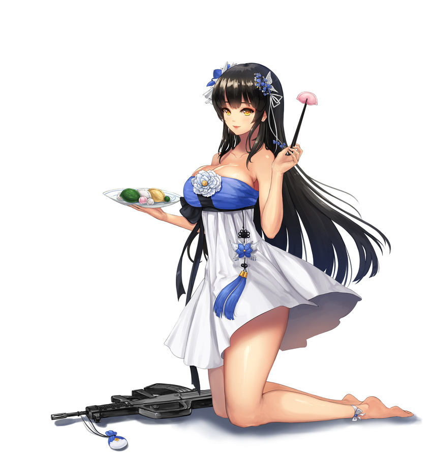 absurdres ankle_ribbon artist_request assault_rifle bangs bare_legs bare_shoulders barefoot black_hair blue_flower blunt_bangs breasts butterfly_hair_ornament chopsticks cleavage collarbone detached_sleeves dress flower from_side full_body girls_frontline gun hair_flower hair_ornament hair_ribbon hands_up highres holding holding_chopsticks holding_plate kneeling large_breasts left-handed lips long_hair plate qbz-95_(girls_frontline) ribbon rifle shiny shiny_skin simple_background smile solo strapless strapless_dress talisman tassel toes very_long_hair weapon white_background white_dress white_flower white_ribbon yellow_eyes