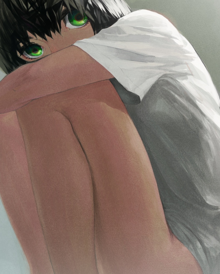 bad_id bad_pixiv_id bangs bare_legs black_hair covered_mouth from_side green_eyes grey_background hair_between_eyes highres leg_hug looking_at_viewer original ryono_mizuki shirt short_hair short_sleeves sitting solo white_shirt