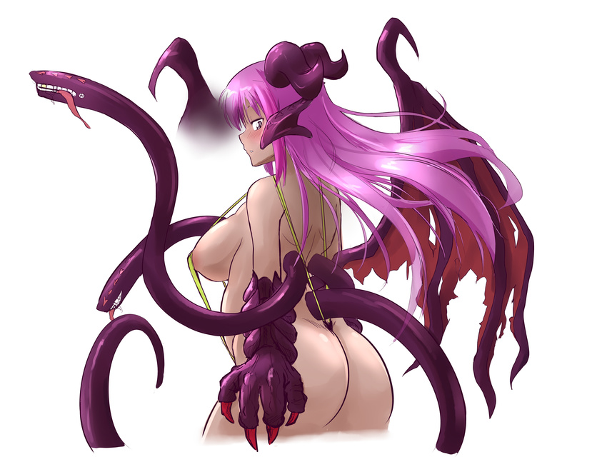 1girl ass belly bicho-san bikini breasts claws dragon_girl dragon_wings extra_mouth female from_behind gem gold_tooth huge_ass jabberwock_(monster_girl_encyclopedia) large_breasts monster_girl monster_girl_encyclopedia plump purple_hair red_eyes sling_bikini solo tail tentacle thick_thighs tongue tongue_out torn_wings wings