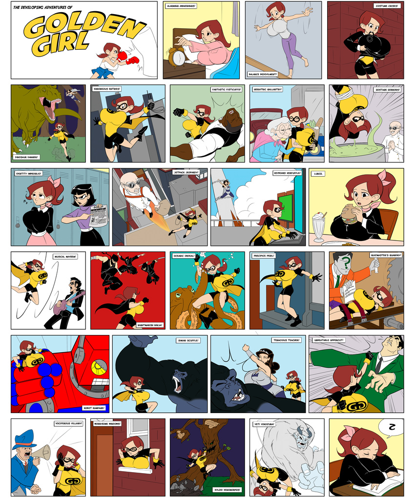 audrey_page black_eyes bra breasts brown_hair colored comic_style eating fighting food golden_girl huge_breasts large_breasts mask panties parted_lips pijama pijamas ponytail profile sarah_sterling silver_queen sleeping the_developing_adventures_of_golden_girl uncensored