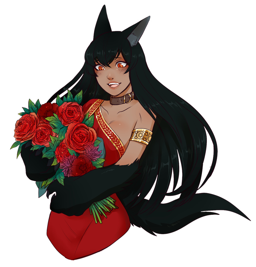 :d alternate_costume animal_ears anubis_(monster_girl_encyclopedia) armlet belt_collar black_fur black_hair blush bouquet breasts cropped_legs dark_skin dress flower flower_request highres jewelry large_breasts long_hair manosdetrapo monster_girl monster_girl_encyclopedia open_mouth paws pink_lips red_dress red_flower red_rose rose single_bare_shoulder slit_pupils smile solo tail transparent_background wolf_ears wolf_tail