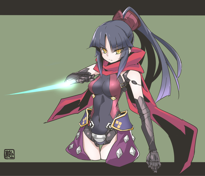 arm_blade black_hair breasts cropped_legs doll_joints energy_blade fate/grand_order fate_(series) green_background katou_danzou_(fate/grand_order) letterboxed long_hair medium_breasts ponytail raigou red_scarf robot_joints scarf sidelocks signature solo thigh_gap weapon yellow_eyes