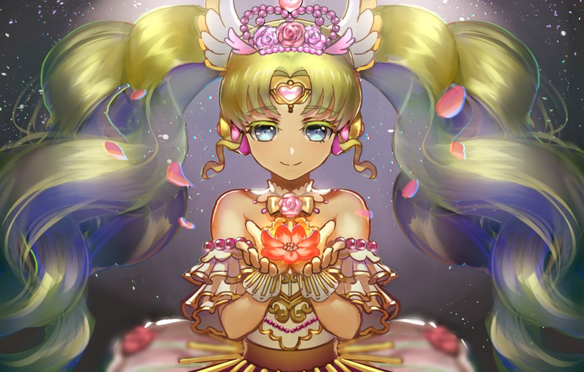 bad_id bad_pixiv_id bare_shoulders blonde_hair blurry depth_of_field dress eyebrows_visible_through_hair falulu flower gem grey_background grey_eyes hair_ornament holding holding_flower isaroishin light_particles long_hair looking_at_viewer pretty_(series) pripara smile solo standing tiara twintails very_long_hair wing_hair_ornament