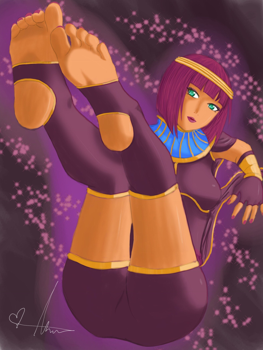 1girl barefoot dark_skin feet fingerless_gloves green_eyes highres legs_up menat parted_lips pov purple_hair purple_lipstick short_hair soles street_fighter street_fighter_v toeless_legwear toes