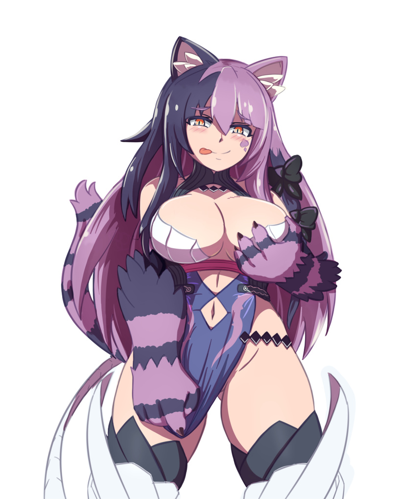 7th_dragon_(series) 7th_dragon_iii :p animal_ears ass_visible_through_thighs black_fur black_hair black_legwear black_ribbon breasts breasts_apart cat_ears cat_tail cheshire_cat_(monster_girl_encyclopedia) cleavage_cutout closed_mouth commentary cosplay cowboy_shot english_commentary eyebrows_visible_through_hair facial_tattoo fur hair_between_eyes hair_ribbon heart_tattoo highres large_breasts legs_apart long_hair looking_at_viewer monster_girl monster_girl_encyclopedia multicolored_hair nav navel pelvic_curtain purple_fur purple_hair ribbon rune_knight_(7th_dragon) rune_knight_(7th_dragon)_(cosplay) self_fondle simple_background slit_pupils smile solo standing striped tail tattoo thighhighs tongue tongue_out two-tone_hair white_background yellow_eyes