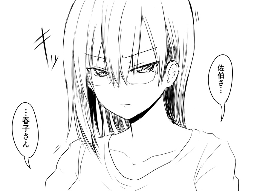 &gt;:( collarbone commentary_request frown furrowed_eyebrows glasses greyscale hair_between_eyes light_frown lineart looking_at_viewer monochrome original saeki_haruko shirt solo take_(shokumu-taiman) translated tsurime v-shaped_eyebrows