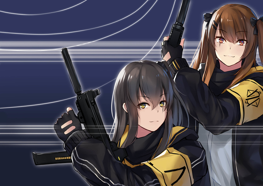 :3 absurdres armband bangs black_bow bow brown_eyes brown_hair closed_mouth commentary_request counter-strike fingerless_gloves girls_frontline gloves green_hair grey_hair gun h&amp;k_ump hair_bow heckler_&amp;_koch highres ina_(inadiary) jacket long_hair looking_at_viewer multiple_girls one_side_up open_clothes open_jacket parody scar scar_across_eye smile submachine_gun tsurime twintails ump45_(girls_frontline) ump9_(girls_frontline) weapon yellow_eyes