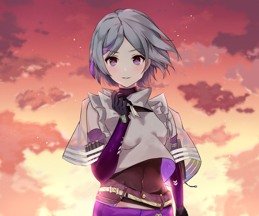 bandolier bangs belt blush bodysuit_under_clothes commentary elbow_gloves eyebrows_visible_through_hair eyes_visible_through_hair girls_frontline gloves grey_hair grey_jacket hand_up highres jacket kyui looking_at_viewer midriff_peek multicolored_hair navel open_mouth purple_eyes purple_skirt see-through short_hair skirt sky smile solo strap streaked_hair thompson/center_contender_(girls_frontline)