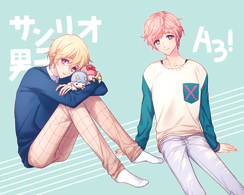 a3! blonde_hair character_doll crossover hsmoji kiki_(little_twin_stars) lala_(little_twin_stars) little_twin_stars looking_at_viewer male_focus multiple_boys nishimiya_ryou pants pink_hair plaid plaid_pants purple_eyes sakisaka_muku sanrio_danshi smile socks