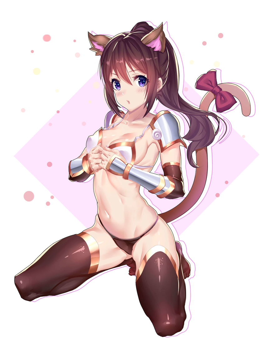 absurdres animal_ears armor bangs barefoot bikini bikini_armor black_bikini black_gloves black_hair black_legwear blue_eyes blush bow breasts cat_ears cat_tail cleavage elbow_gloves er_ci_yuan full_body gloves hands_on_own_chest highres kneeling looking_at_viewer lowleg lowleg_panties medium_breasts navel open_mouth original outline outside_border own_hands_together panties ponytail ribbon shoulder_armor sidelocks solo swimsuit tail tail_bow tail_ribbon thighhighs underwear vambraces