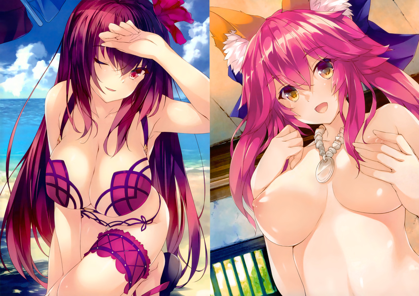 absurdres amami_mikihiro animal_ears arm_up armpits bangs bare_shoulders beach breasts brown_hair cleavage cloud collarbone day eyebrows_visible_through_hair fate/grand_order fate_(series) flower hair_flower hair_ornament hibiscus highres indoors jewelry large_breasts long_hair multiple_girls necklace nipples ocean one_eye_closed outdoors purple_eyes purple_hair scan scathach_(fate)_(all) scathach_(swimsuit_assassin)_(fate) sky swimsuit tamamo_(fate)_(all) tamamo_no_mae_(fate) thigh_strap