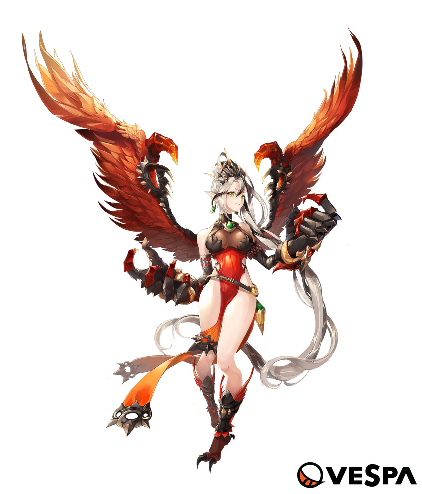 absurdly_long_hair armor bare_shoulders belt black_hair breasts claw_(weapon) claws company_name crown dress earrings ezu_(leejiyu) feathered_wings feathers full_body gem gradient_hair green_eyes harpy highres hips jewelry king's_raid large_breasts long_hair looking_at_viewer loose_belt monster_girl multicolored_hair naila_(king's_raid) no_panties official_art pelvic_curtain pointy_ears red_dress red_wings silver_hair smile solo transparent_background very_long_hair weapon wings