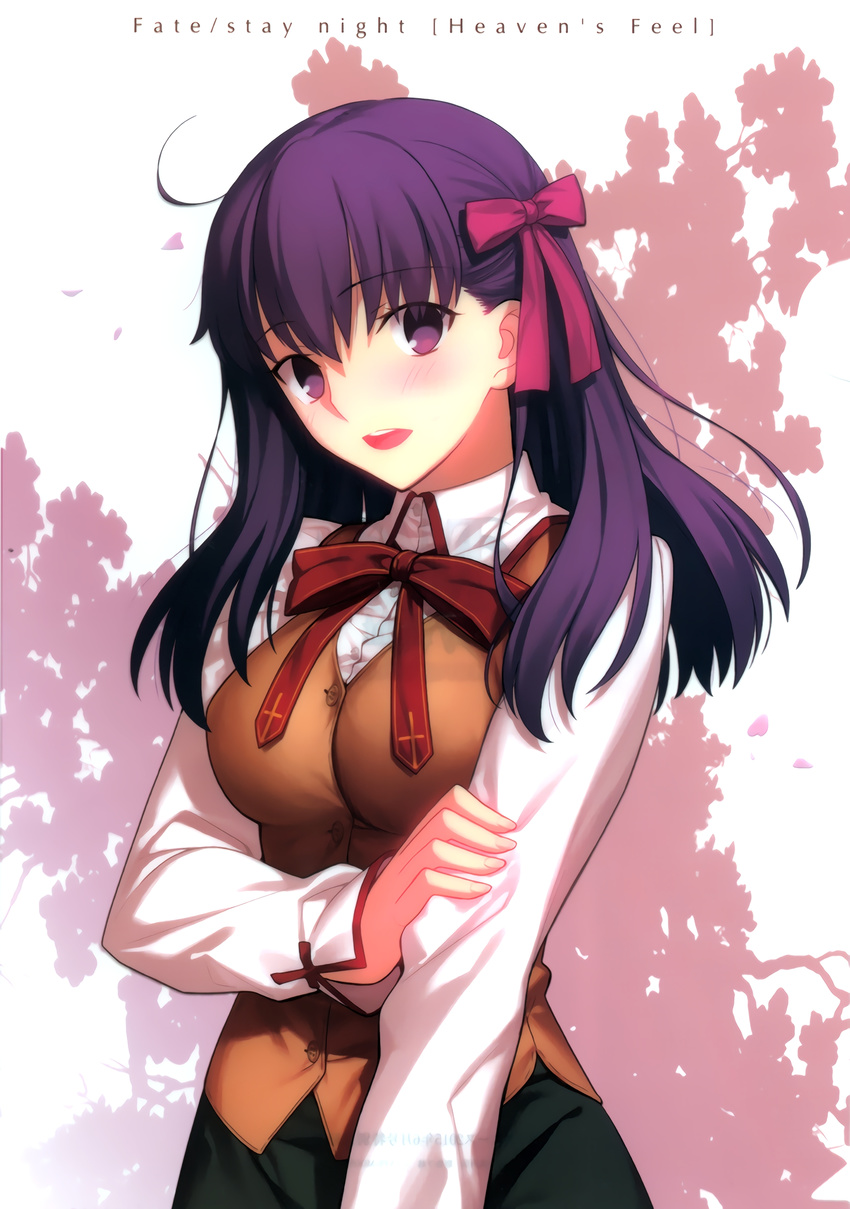 :d absurdres ahoge bangs blush bow breasts brown_vest collared_shirt copyright_name eyebrows_visible_through_hair fate/stay_night fate_(series) hair_ribbon hand_on_own_arm heaven's_feel highres homurahara_academy_uniform large_breasts long_hair long_sleeves looking_at_viewer matou_sakura medium_breasts neck_ribbon open_mouth petals pink_bow purple_eyes purple_hair red_ribbon ribbon scan school_uniform shirt sketch smile solo takeuchi_takashi two-tone_background upper_body vest white_shirt wing_collar