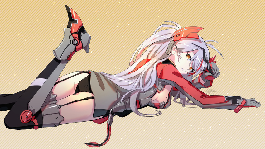 artist_name ass azur_lane bangs black_panties breasts canata_katana dress from_side garter_straps gloves grey_gloves highres iron_cross leg_up long_hair looking_at_viewer lying medium_breasts microdress mole mole_on_breast multicolored_hair on_stomach panties parted_lips prinz_eugen_(azur_lane) sideboob silver_hair solo streaked_hair sunglasses thighhighs twintails two_side_up underwear very_long_hair yellow_eyes