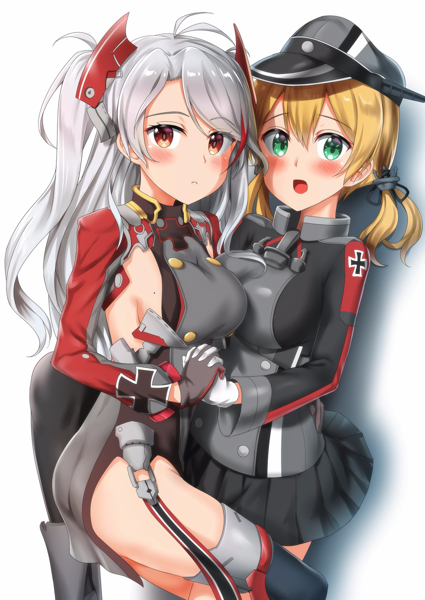 absurdres azur_lane blonde_hair blush breasts crossover gloves green_eyes hair_ornament hat highres holding_hands iron_cross kantai_collection large_breasts looking_at_viewer microskirt military_hat multiple_girls namesake nedia_(nedia_region) open_mouth prinz_eugen_(azur_lane) prinz_eugen_(kantai_collection) red_eyes sideboob silver_hair skirt twintails white_background