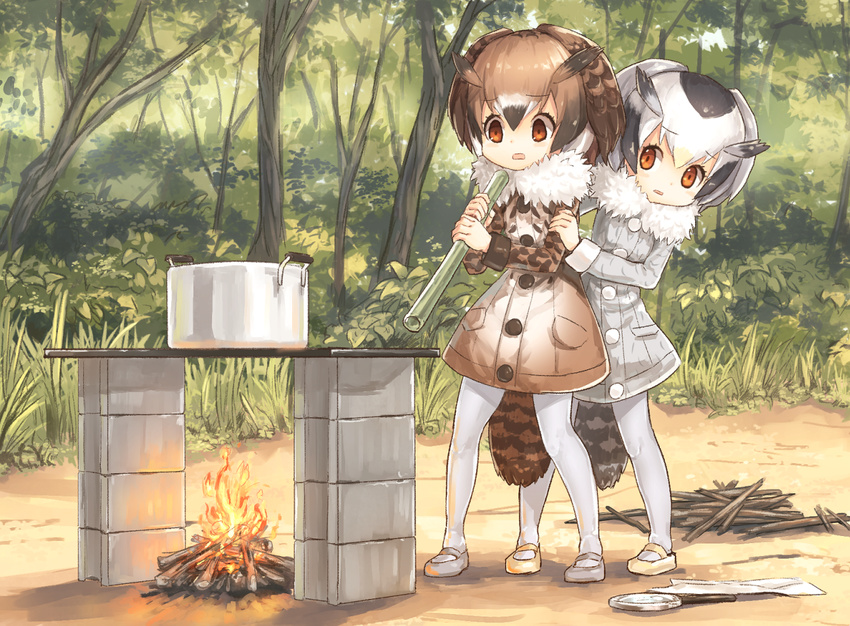 animal_ears bionekojita branch brown_eyes brown_hair coat commentary_request day eurasian_eagle_owl_(kemono_friends) fire fur_collar grey_hair hair_between_eyes head_wings holding kemono_friends long_sleeves multicolored_hair multiple_girls northern_white-faced_owl_(kemono_friends) open_mouth outdoors pantyhose pot scared shoes short_hair standing stove tree white_footwear white_hair white_legwear yellow_footwear