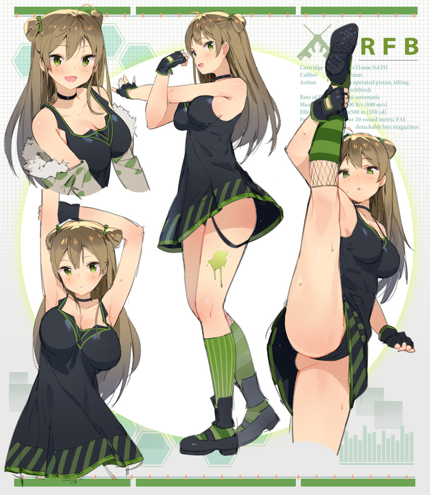 :d :o absurdres alternate_breast_size arm_up armpits arms_up ass bangs black_dress black_footwear black_gloves black_panties blush bow breasts brown_hair character_name choker collarbone commentary_request ddal double_bun dress eyebrows_visible_through_hair fingerless_gloves fishnets girls_frontline gloves graph_paper green_bow green_eyes hair_between_eyes hair_bow highres impossible_clothes impossible_dress kneehighs large_breasts leg_lift long_hair looking_at_viewer mary_janes mismatched_legwear multiple_views non-web_source open_mouth panties parted_lips revision rfb_(girls_frontline) shoes short_dress sidelocks smile socks split standing standing_on_one_leg standing_split stretch striped striped_legwear sweat tareme thighs underwear vertical-striped_legwear vertical_stripes
