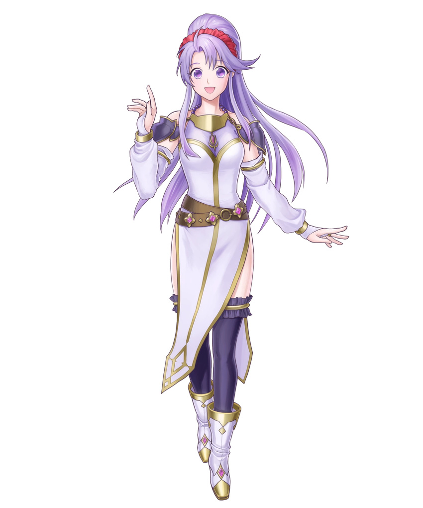 bangs bare_shoulders belt boots bridal_gauntlets dress eyebrows_visible_through_hair fire_emblem fire_emblem:_seisen_no_keifu fire_emblem_heroes full_body highres looking_at_viewer official_art open_mouth ponytail purple_eyes purple_hair purple_legwear smile solo standing tiltyu_(fire_emblem) transparent_background white_footwear
