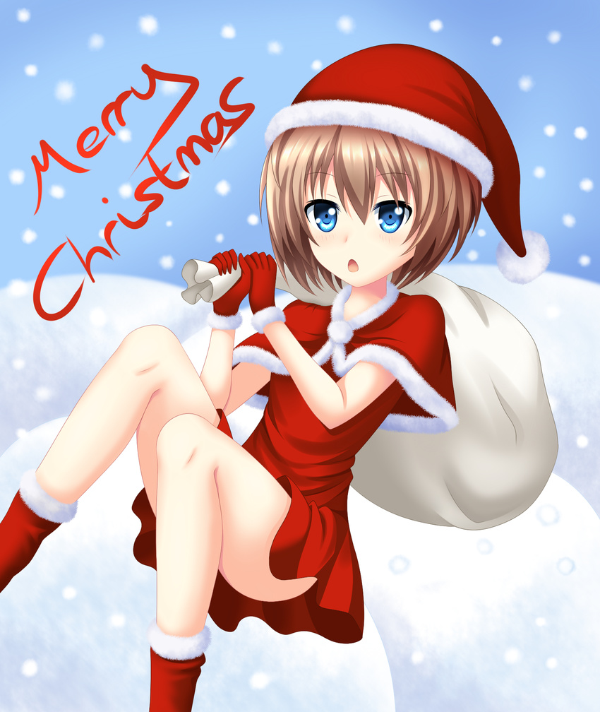 bare_legs blanc blue_eyes blush boots brown_hair dress english fur_trim gloves hat highres nekologia neptune_(series) open_mouth red_gloves sack santa_boots santa_costume santa_gloves santa_hat short_hair snow snowing solo