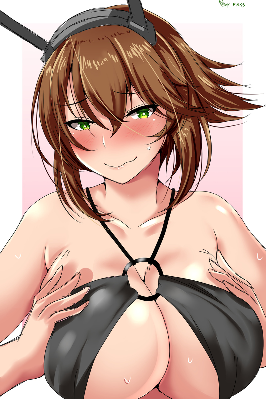 absurdres ar_(lover_boy) blush border breasts brown_hair collarbone green_eyes hair_between_eyes headgear highres huge_breasts kantai_collection mutsu_(kantai_collection) o-ring o-ring_top short_hair sketch solo wavy_mouth white_border