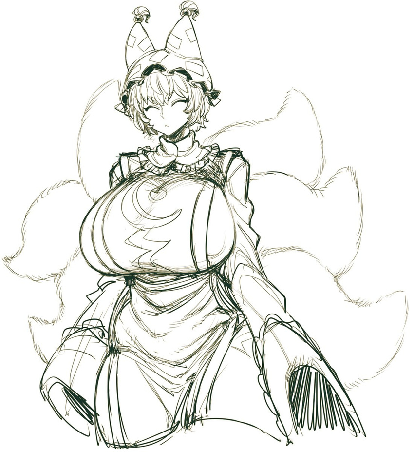 :&lt; animal_ears breasts closed_eyes closed_mouth dress eyebrows_visible_through_hair facing_viewer fox_ears fox_tail gigantic_breasts greyscale hat highres long_sleeves monochrome multiple_tails pillow_hat short_hair simple_background sketch solo space_jin standing tabard tail thick_thighs thighs touhou white_background wide_hips yakumo_ran