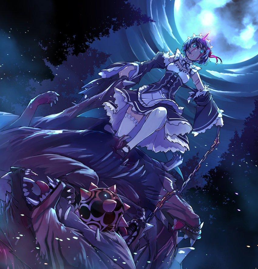 after_battle blood blood_on_face blue_eyes blue_hair cerberus crazy_eyes cuts detached_sleeves dutch_angle flail full_moon garter_straps highres holding holding_weapon horn injury maid maid_headdress mary_janes monster moon morning_star night re:zero_kara_hajimeru_isekai_seikatsu rem_(re:zero) shoes short_hair solo_focus stepped_on thighhighs weapon white_legwear wide_sleeves xration