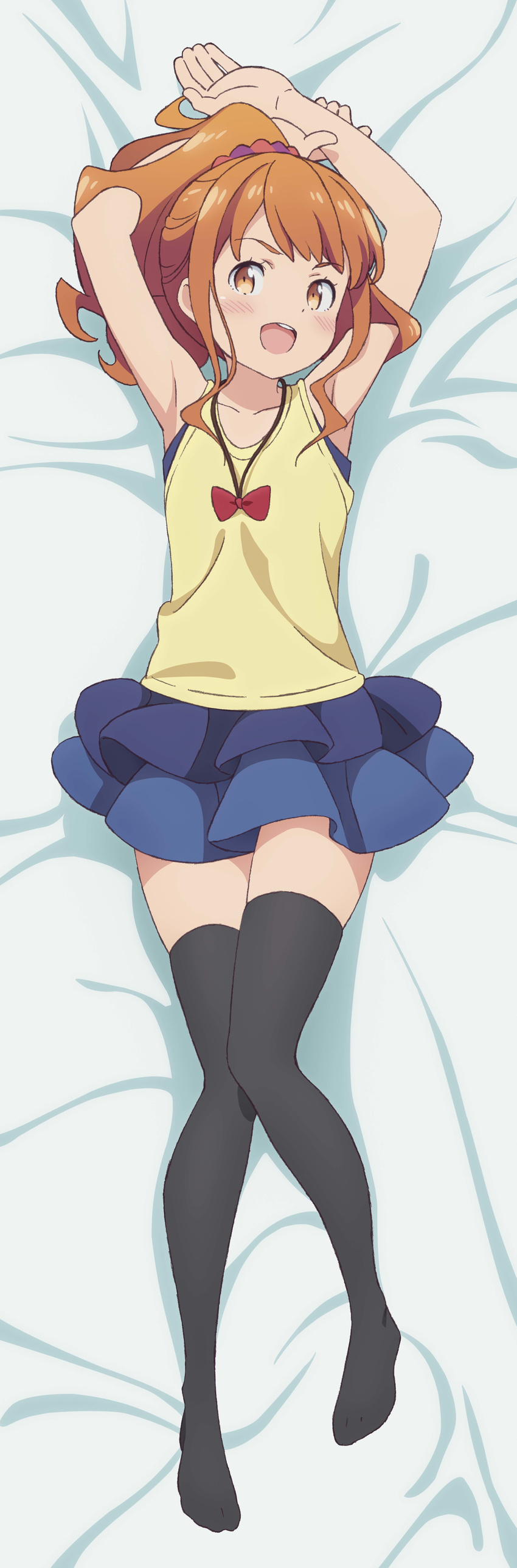 absurdres armpits arms_up bed_sheet black_legwear blue_skirt blush bow brown_eyes brown_hair collarbone dakimakura eromanga_sensei from_above full_body hair_ornament hair_scrunchie high_ponytail highres incredibly_absurdres jinno_megumi layered_skirt long_hair looking_at_viewer lying miniskirt on_back open_mouth pink_scrunchie red_bow scrunchie shirt skirt sleeveless sleeveless_shirt solo thighhighs yellow_shirt zettai_ryouiki