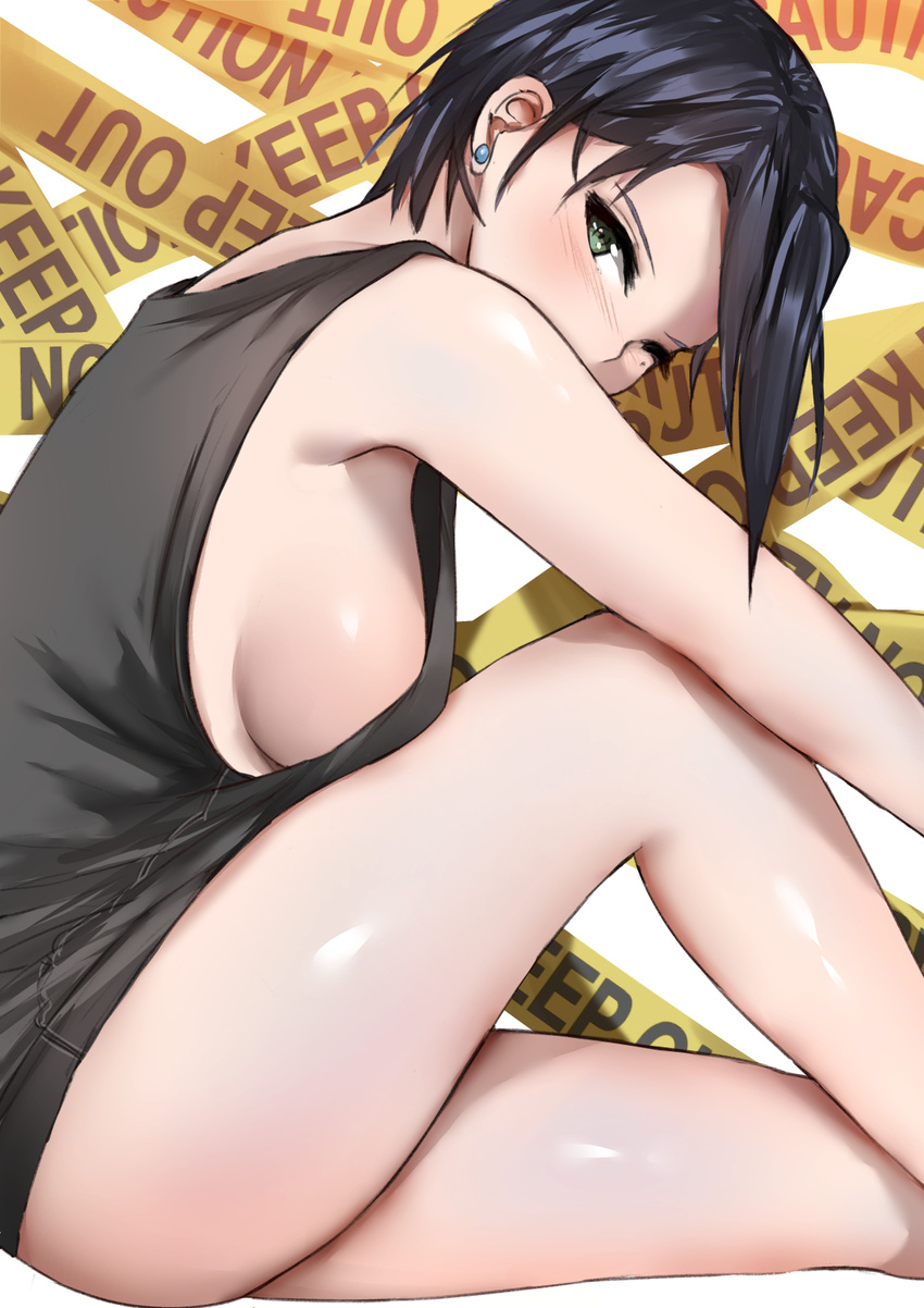 bare_arms bare_legs bare_shoulders black_hair blush breasts caution_tape earrings feet_out_of_frame from_side highres invisible_chair jewelry keep_out knee_up leaning_forward looking_at_viewer looking_to_the_side medium_breasts midorikawa_maki mole mole_under_eye no_bra no_pants norman_maggot one_eye_closed revision sakura_quest shiny shiny_skin short_hair sideboob sitting sleeveless solo stud_earrings tank_top thighs tsurime