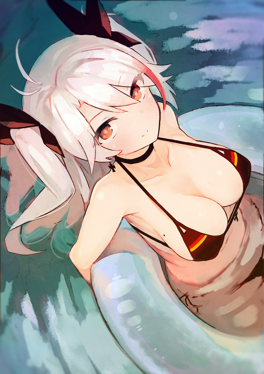 azur_lane bikini black_bikini blue_innertube bow breasts choker cleavage closed_mouth collarbone earrings from_above front-tie_bikini front-tie_top hair_bow halterneck highres innertube jewelry large_breasts looking_at_viewer mole mole_on_breast navel outdoors partially_submerged prinz_eugen_(azur_lane) red_eyes sakura_akami side-tie_bikini silver_hair smile solo swimsuit two_side_up