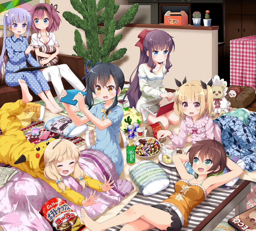:d :o :| annoyed armpits arms_behind_head barefoot black_hair blonde_hair blue_eyes bottle bow bowl braid brand_name_imitation brown_eyes brown_hair cactus can candy cellphone closed_eyes closed_mouth commentary_request couch doughnut food green_eyes hair_bobbles hair_bow hair_ornament hairband highres iijima_yun indoors jiji_(majo_no_takkyuubin) long_hair looking_at_another lying majo_no_takkyuubin manga_(object) mcdonald's mochizuki_momiji multiple_girls narumi_tsubame new_game! notebook on_back open_mouth pajamas pastry_box peanuts phone pikachu_costume pillow plant pokemon polka_dot polka_dot_pajamas ponytail potted_plant purple_eyes purple_hair red_bull ruu_(tksymkw) sakura_nene shinoda_hajime short_hair short_twintails side_ponytail sitting sleepover smile snoopy soujirou_(new_game!) suzukaze_aoba takimoto_hifumi twintails v-shaped_eyebrows yellow_eyes