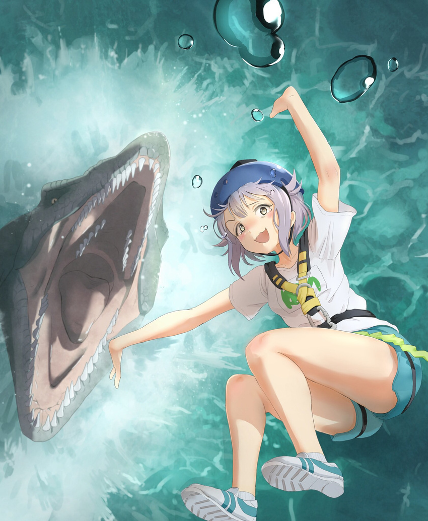 :3 alternate_costume anachronism blush bungee_jumping commentary_request falling from_above grey_eyes harness helmet highres idolmaster idolmaster_cinderella_girls jurassic_world kamemaru koshimizu_sachiko looking_at_viewer mosasaurus mouth open_mouth outstretched_arms purple_hair rope shirt shoes short_hair shorts sneakers t-shirt tears teeth water wavy_mouth