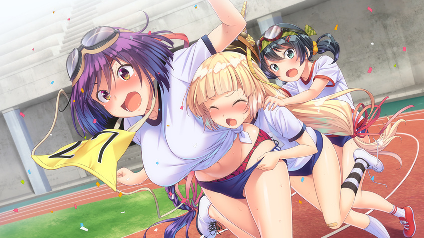 :o accidental_exposure assisted_exposure bangs black_hair blue_hair blunt_bangs blush breasts claudia_fischer closed_eyes embarrassed formation_girls game_cg hachimaki hair_ribbon headband large_breasts long_hair low_tied_hair low_twintails midriff multiple_girls navel nina_pawlenko official_art orange_eyes panties purple_eyes red_panties ribbon shirt shoes short_twintails sneakers striped striped_legwear takato_matsuri tenkuu_nozora track_and_field track_uniform tripping twintails underwear very_long_hair white_shirt