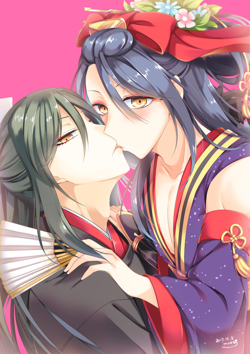 black_hair bow detached_sleeves fan flower folding_fan girly_boy hair_bow hair_flower hair_ornament hair_stick highres japanese_clothes jirou_tachi kiss looking_at_viewer male_focus moegi_(honey_122) multiple_boys ponytail tarou_tachi touken_ranbu yaoi yellow_eyes