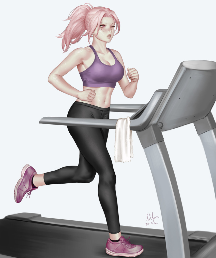 bad_id bad_tumblr_id bare_arms bare_shoulders breasts cleavage clenched_hands dated from_side grey_background highres leggings long_hair midriff navel one_eye_closed original parted_lips pink_eyes pink_footwear pink_hair ponytail sciamano240 shoes signature simple_background smile tank_top tired treadmill