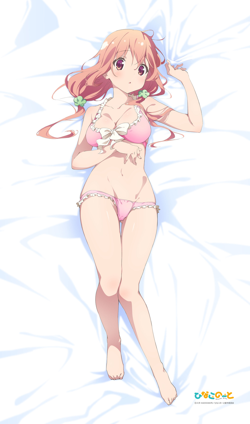 absurdres artist_request ass_visible_through_thighs bare_legs barefoot bed_sheet bikini breasts brown_eyes cleavage dakimakura eyebrows_visible_through_hair frill_trim front-tie_bikini front-tie_top full_body hair_between_eyes hair_ornament hand_on_own_stomach highres hinako_note knees_together_feet_apart large_breasts long_hair looking_at_viewer low_twintails lying navel on_back parted_lips pink_bikini pink_hair sakuragi_hinako sheet_grab solo swimsuit twintails