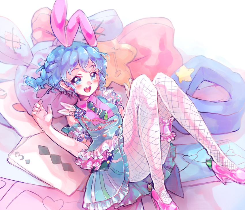 :d animal_ears armband blue_dress blush_stickers braid bunny_ears card dorothy_west dress fishnets high_heels highres looking_at_viewer lying necktie noromame on_back open_mouth pillow pink_bunny_ears pink_footwear playing_card pretty_(series) pripara short_hair short_necktie sleeveless smile solo spade_(shape) striped striped_neckwear stuffed_animal stuffed_bunny stuffed_toy
