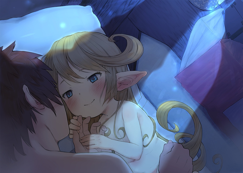 1girl blonde_hair blue_eyes blush brown_hair charlotta_fenia closed_mouth commentary_request dutch_angle ear_blush eye_contact gran_(granblue_fantasy) granblue_fantasy harvin hetero hidden_face highres holding_hands long_hair looking_at_another lying night nude on_side pillow pointy_ears size_difference smile walkalone